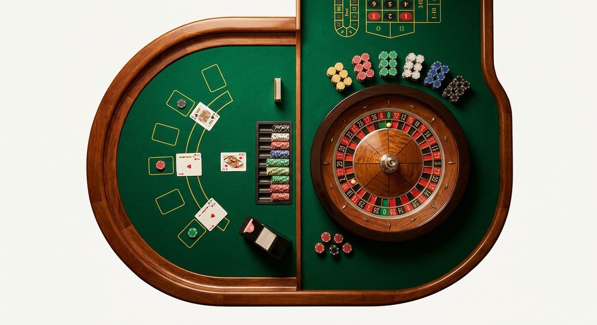 Casino table games with blackjack cards and roulette wheel